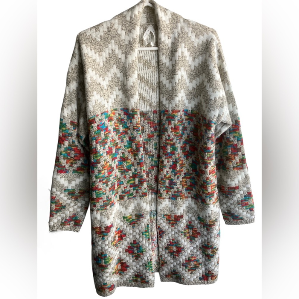 Dreamers by debut long rainbow tan cream chevron knit cardigan small medium